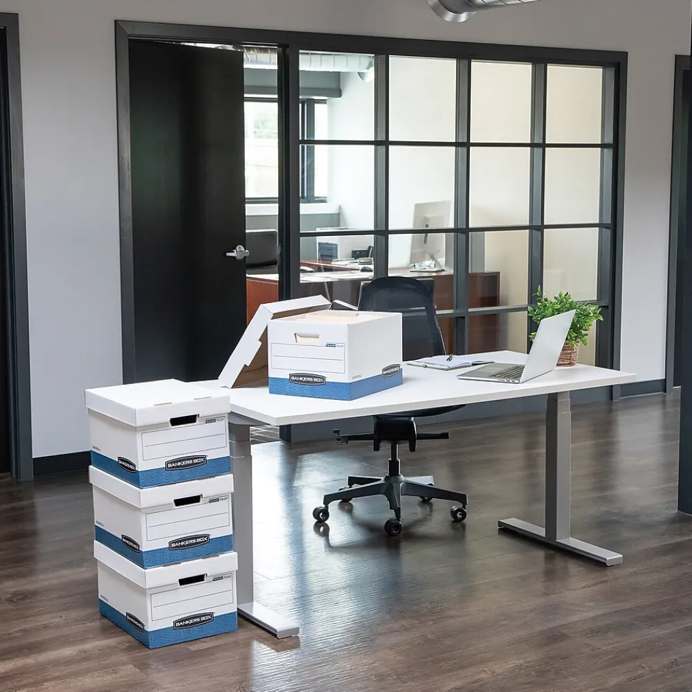 File Storage|Bankers Box® Bankers Box Stor/File™ Medium-Duty FastFold File Storage Boxes, Lift-Off Lid, Letter/Legal Size, White/Blue, 12/Carton (00789)