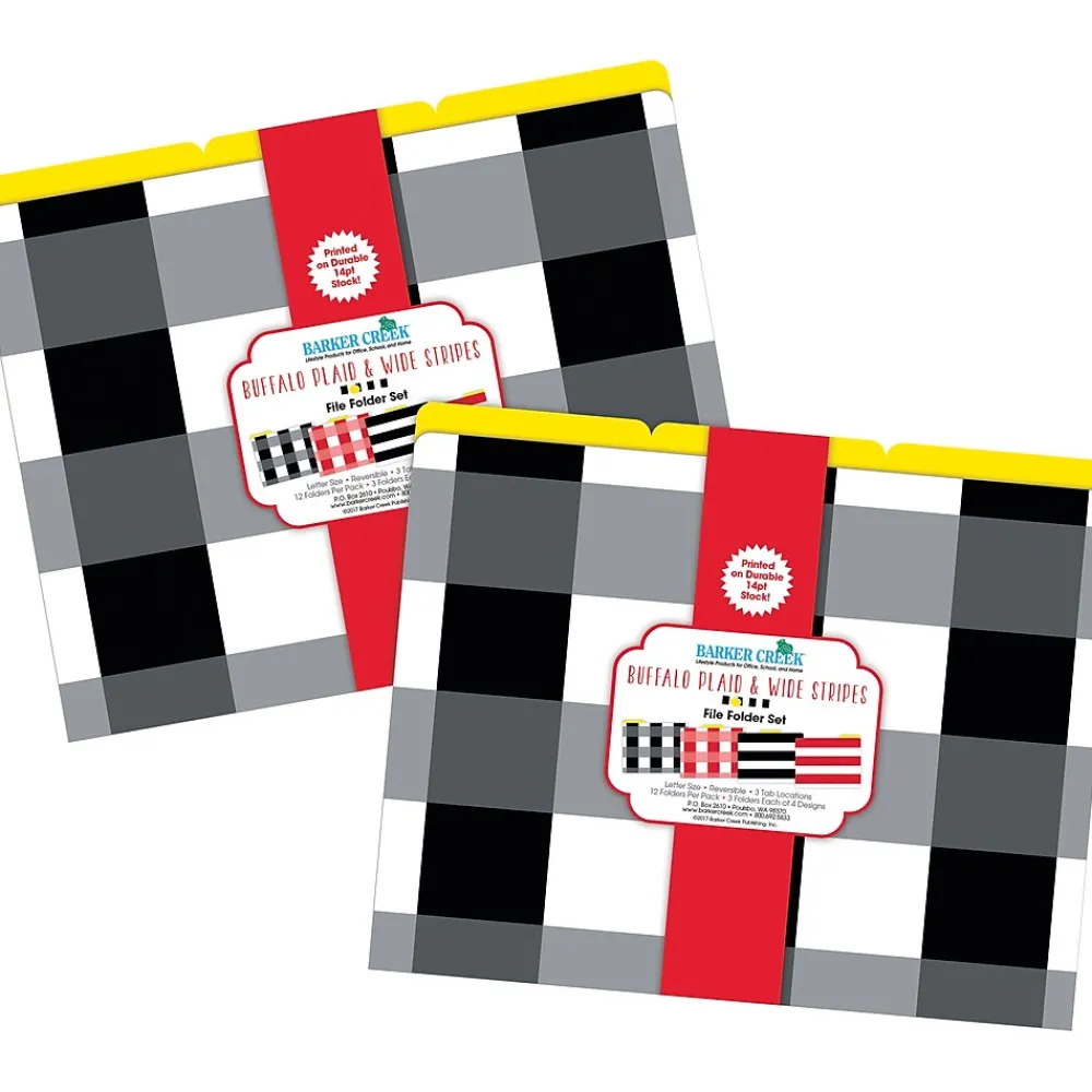 File Folders|Barker Creek Buffalo Plaid & Wide Stripes File Folder, 1/3-Cut Tab, Letter Size, Assorted, 24/Set (4396)