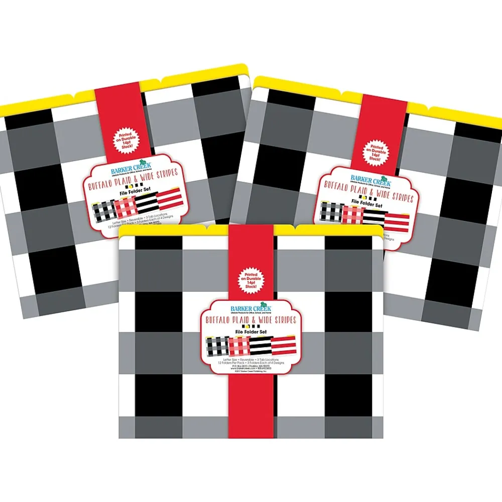 File Folders|Barker Creek Buffalo Plaid & Wide Stripes File Folder, 1/3-Cut Tab, Letter Size, Assorted, 36/Set (4397)