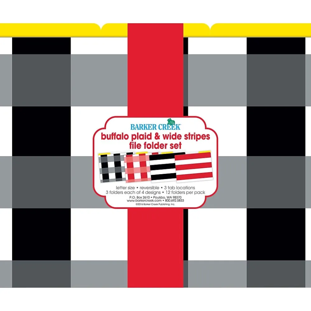 File Folders|Barker Creek Buffalo Plaid & Wide Stripes Fashion File Folders, 3-Tab, Letter Size, Assorted, 12/Pack (BC1341)