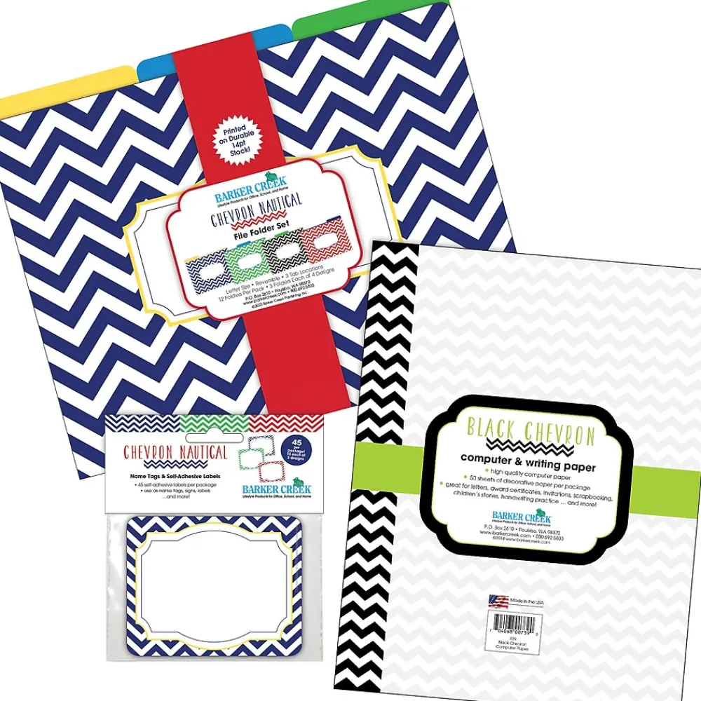 File Folders|Barker Creek Get Organized File Folder Set, 1/3-Cut Tab, Letter Size, Chevron Nautical, 107/Set (138)