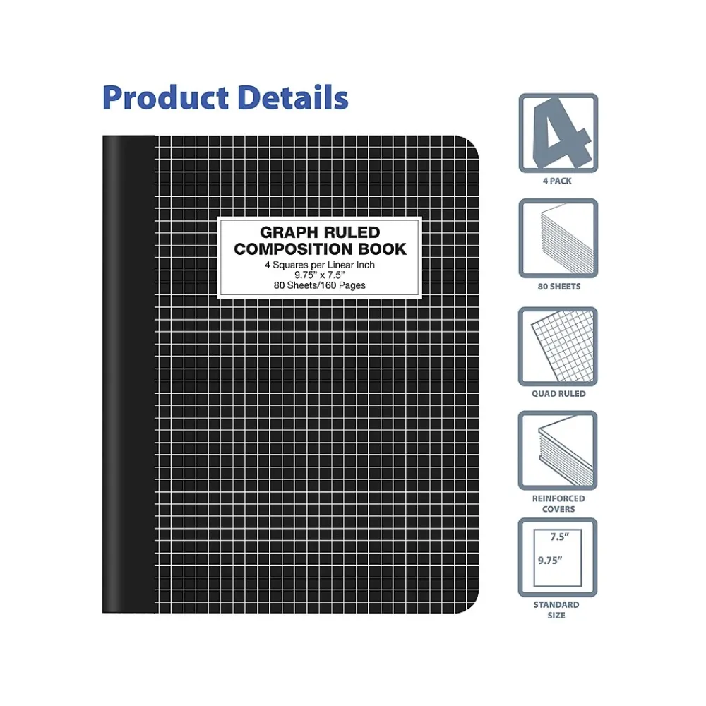 Composition Notebooks|Better Office Composition Notebooks, 7.5" x 9.75", Graph Ruled, 80 Sheets, Black, 4/Pack (25604-4PK)