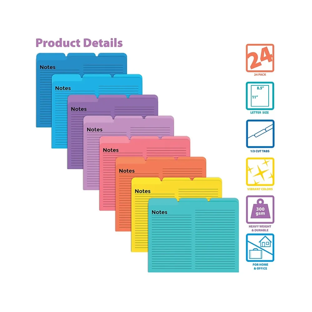 File Folders|Better Office Heavyweight File Folders, 1/3-Cut Tab, Letter Size, Assorted Colors, 24/Pack (89124-24PK)