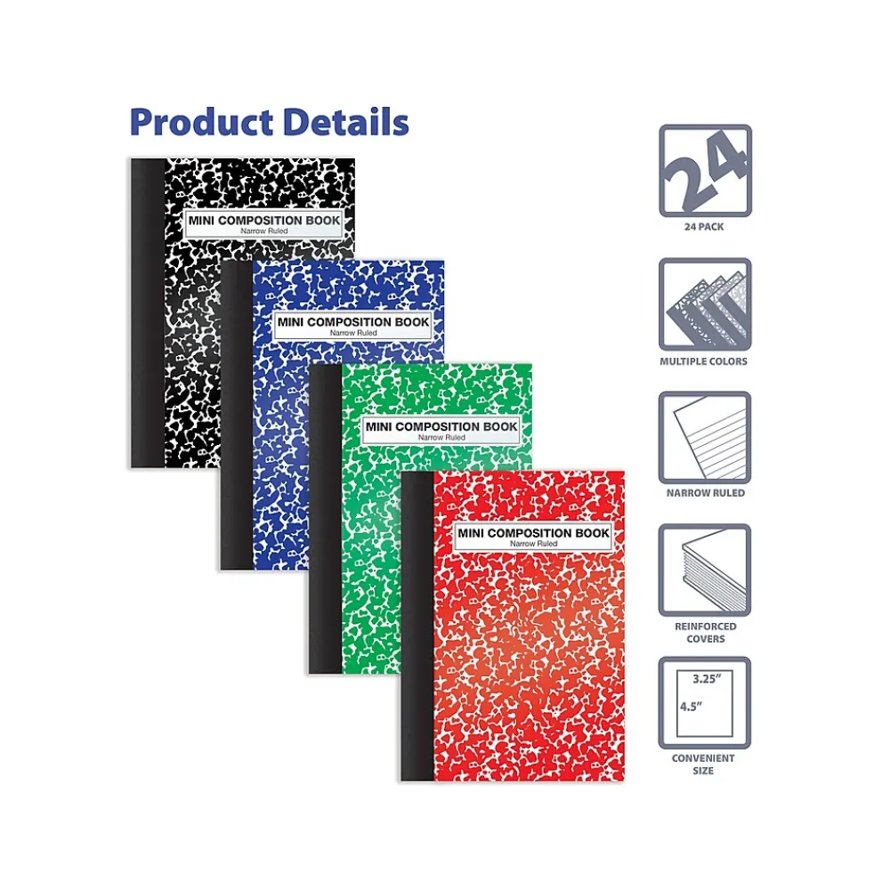 Composition Notebooks|Better Office Mini Composition Notebooks, 3.25" x 4.5", Narrow Ruled, 80 Sheets, Assorted Colors, 24/Pack (25524-24PK)