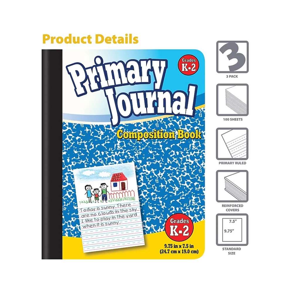 Composition Notebooks|Better Office Primary Journal 1-Subject Composition Notebooks, 7.5" x 9.75", Primary, 100 Sheets, Blue, 3/Pack (25403-3PK)