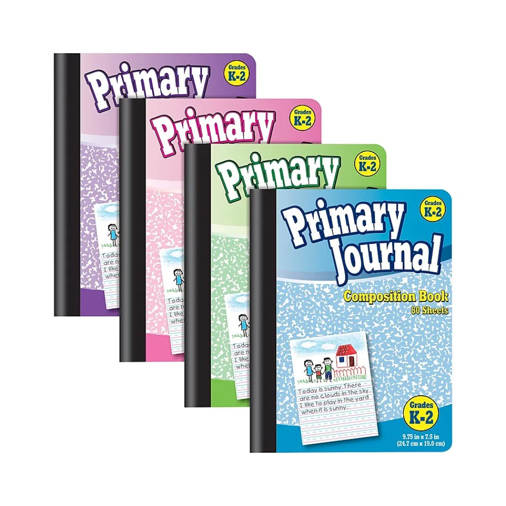 Composition Notebooks|Better Office Primary Journal Composition Notebooks, 7.5" x 9.75", Primary, 80 Sheets, Assorted Colors, 4/Pack (25454-4PK)