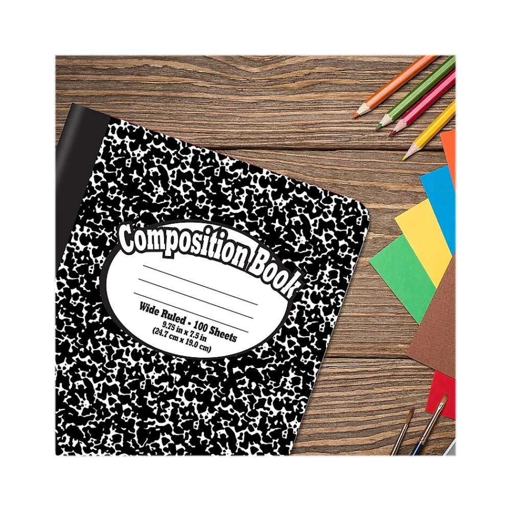 Composition Notebooks|Better Office 1-Subject Composition Notebooks, 7.5" x 9.75", Wide Ruled, 100 Sheets, Black, 12/Pack (25112-12PK)