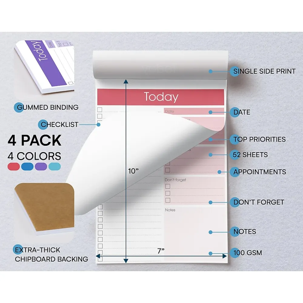 Notepads|Better Office Today Notepad, 7" x 10", Ruled, Assorted Colors, 52 Sheets/Pad, 4 Pads/Pack (25831-4PK)