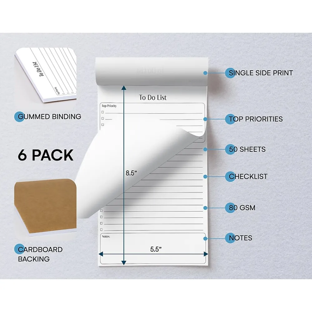 Notepads|Better Office To-Do List Notepad, 5.5" x 8.5", Ruled, White, 50 Sheets/Pad, 6 Pads/Pack (25835-6PK)