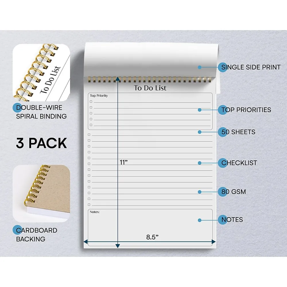 Notepads|Better Office To-Do List Notepad, 8.5" x 11", Ruled, White, 50 Sheets/Pad, 3 Pads/Pack (25823-3PK)