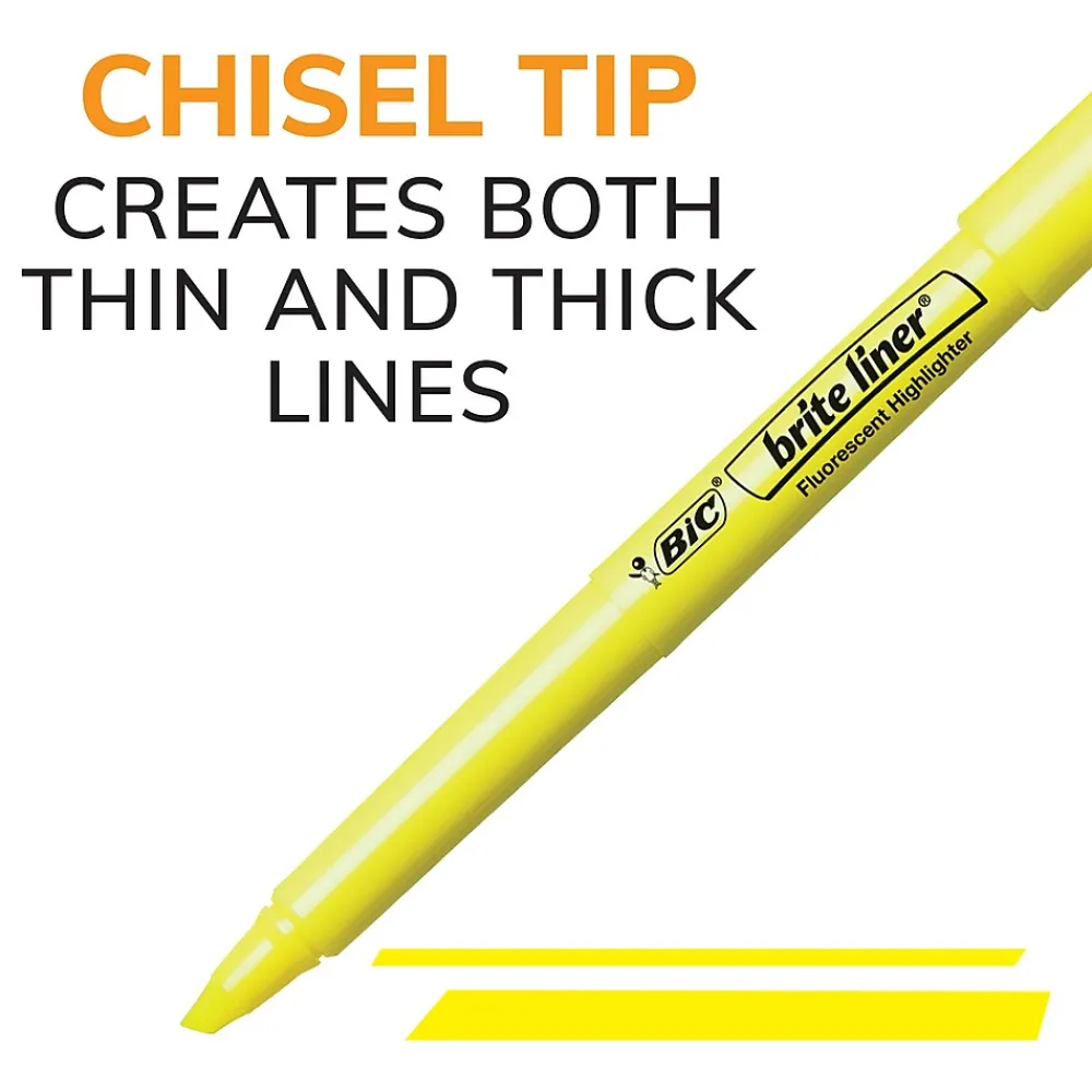 Highlighters|BIC Brite Liner Stick Highlighter, Chisel Tip, Yellow, Dozen (65550)