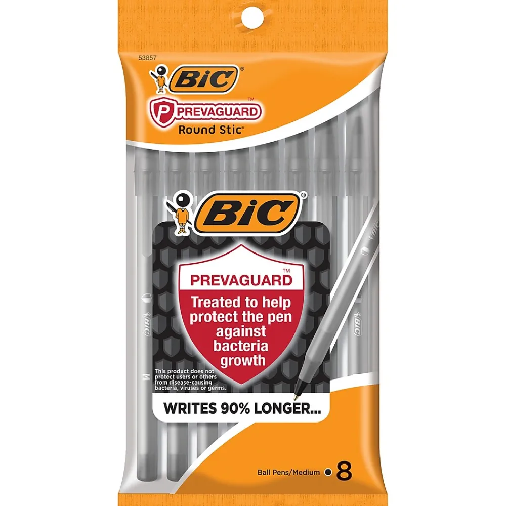 Pens|BIC Prevaguard Round Stic Ballpoint Pen, Medium Point, Black Ink, 8/Pack (GSAMP81-BLK)