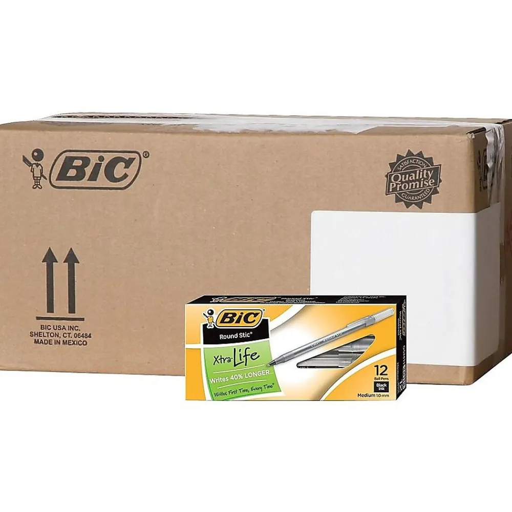 Pens|BIC Round Stic Xtra Life Ballpoint Pens, Medium Point, Black Ink, 432/Carton (GSM11BLKCT)