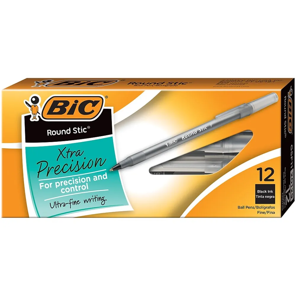 Pens|BIC Round Stic Xtra Precision Ballpoint Pens, Fine Point, 0.8mm, Black Ink, Dozen (20129/GSF11BK)