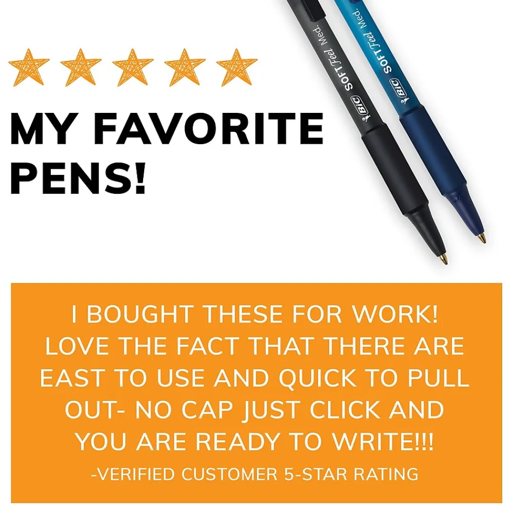 Pens|BIC Soft Feel Retractable Ballpoint Pens, Medium Point, 1.0mm, Black Ink, Dozen (SCSM11BLK)