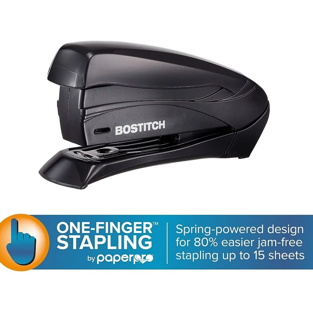 Staplers|Bostitch Inspire Handheld Stapler, 15-Sheet Capacity, Staples Included, Black (1491-BLK)