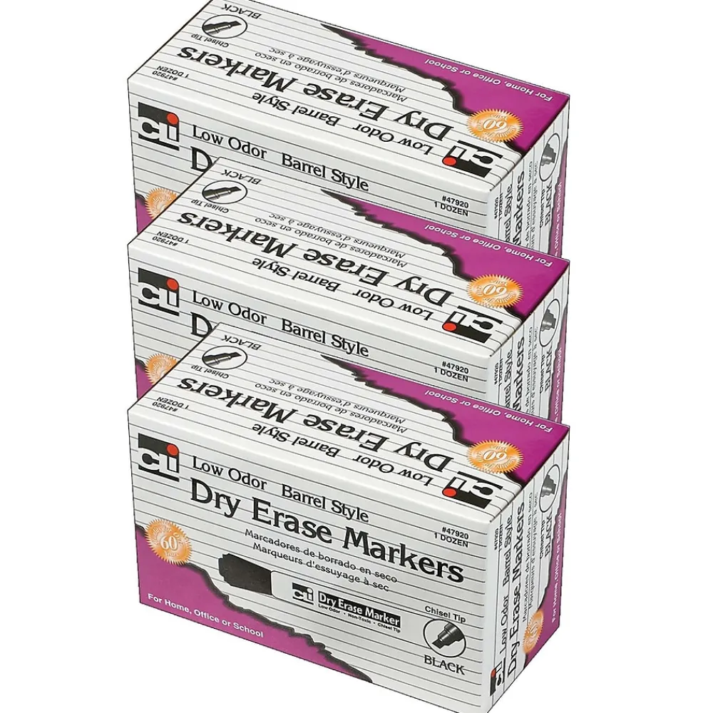 Markers|CLI Dry Erase Markers, Chisel Tip, Black, 12/Pack, 3 Packs (CHL47920-3)