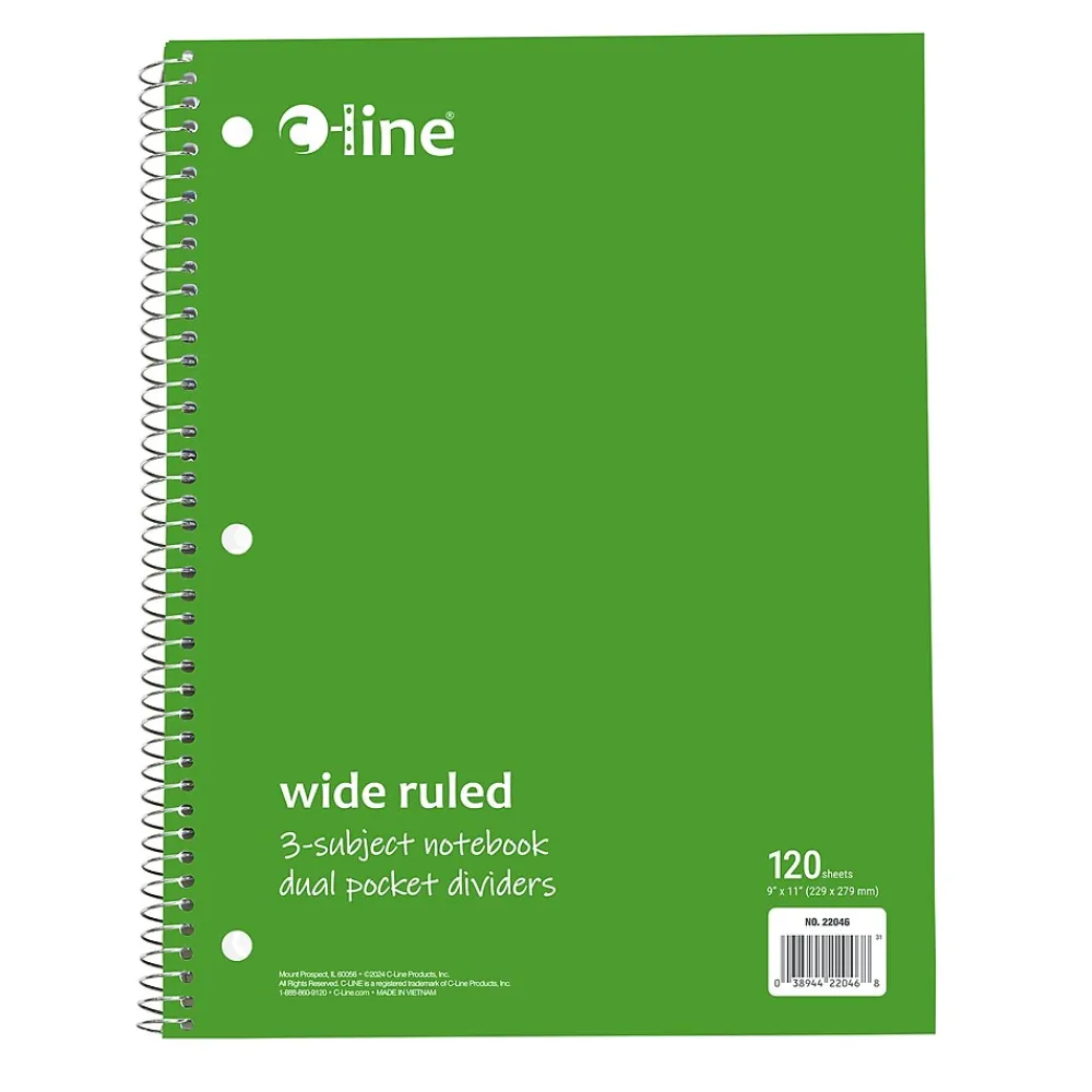 Subject Notebooks|C-Line 3-Subject Notebooks, Wide Ruled, 120 Sheets, Assorted Colors, 3/Bundle (CLI22046-3)
