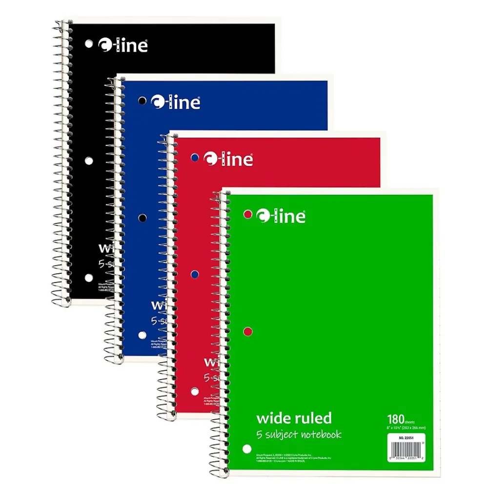 Subject Notebooks|C-Line 5-Subject Subject Notebooks, Wide Ruled, 180 Sheets, Assorted Colors, 3/Bundle (CLI22051-3)
