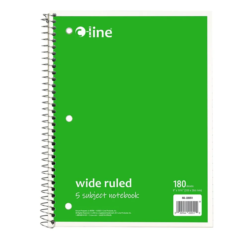 Subject Notebooks|C-Line 5-Subject Subject Notebooks, Wide Ruled, 180 Sheets, Assorted Colors, 3/Bundle (CLI22051-3)