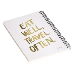 Notebooks|DENY Designs Eat Well Travel Often Gold by Cat Coquillette Notebook, 5.5" x 8.25", Dotted Ruled, 40 Sheets, White
