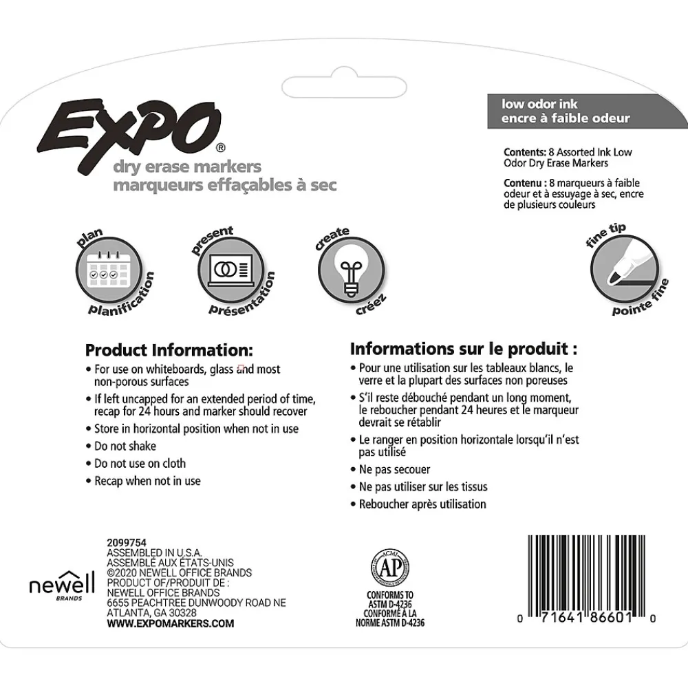 Markers|Expo Dry Erase Marker, Fine Tip, Assorted, 8/Pack (86601)