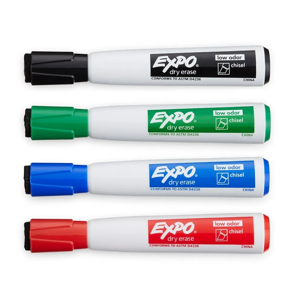 Markers|Expo Magnetic Dry Erase Markers, Chisel Tip, Assorted, 4/Pack (1944728)