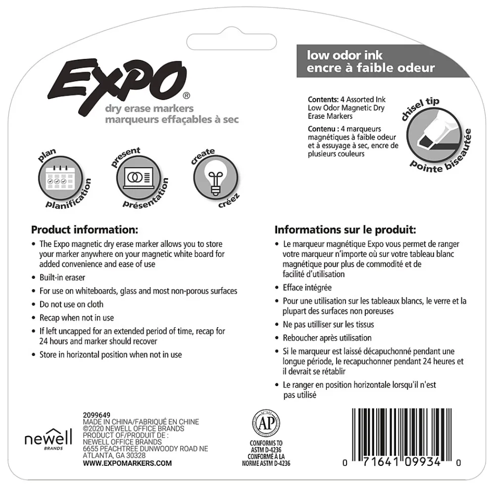 Markers|Expo Magnetic Dry Erase Markers, Chisel Tip, Assorted, 4/Pack (1944728)