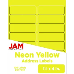 Labels|JAM Paper Address Labels, 1 1/3" x 4", Neon , 14 Labels/Sheet, 9 Sheets/Pack (359329614) Yellow