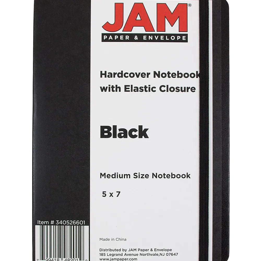 Notebooks|JAM Paper Hardcover Notebook with Elastic, Medium Journal, 5 x 7, Black, 100 Lined Sheets, Sold Individually (340526601)