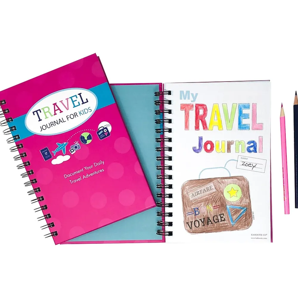 Journals|Kahootie Co. Travel Journal For Kids Hardcover Journal, 5.5" x 8.5", Wide Ruled, Pink, 60 Pages (TRAVP-H)