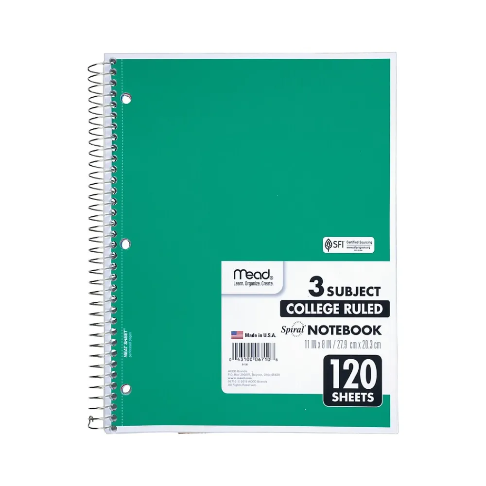 Subject Notebooks|Mead Spiral 3-Subject Notebooks, 8.5" x 11", College Ruled, 120 Sheets (06710)
