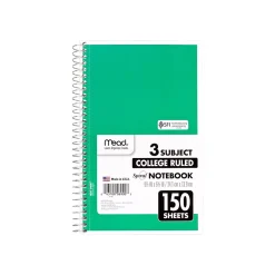 Notebooks|Mead Spiral 3-Subject Notebooks, 5.5" x 9.5", College Ruled, 150 Sheets (06900)