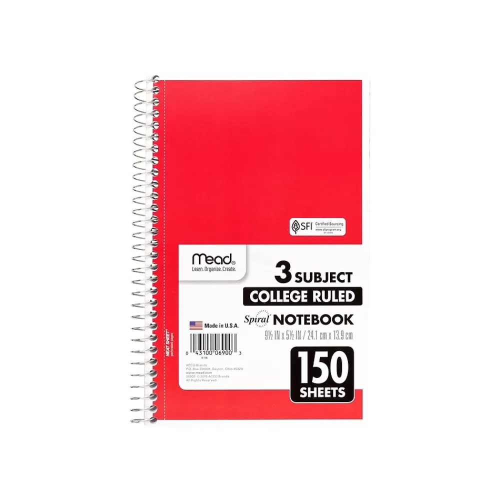 Subject Notebooks|Mead Spiral 3-Subject Notebooks, 5.5" x 9.5", College Ruled, 150 Sheets (06900)