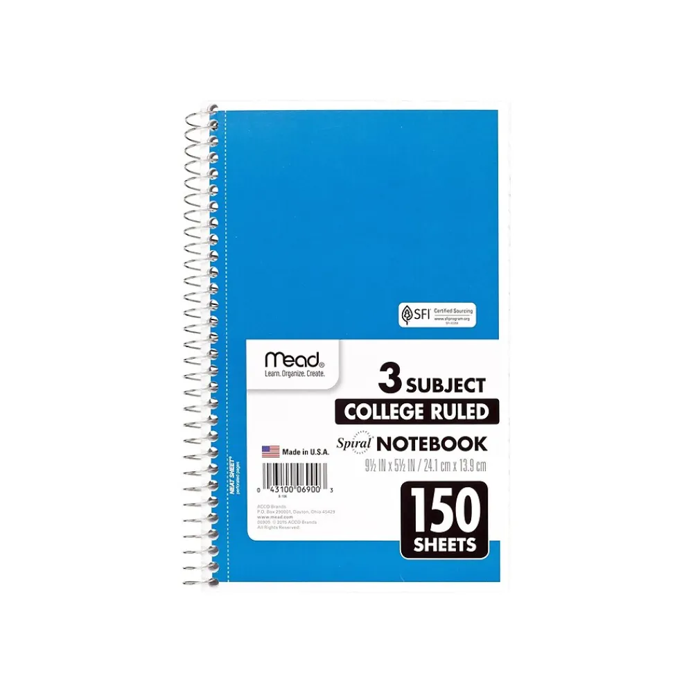 Subject Notebooks|Mead Spiral 3-Subject Notebooks, 5.5" x 9.5", College Ruled, 150 Sheets (06900)