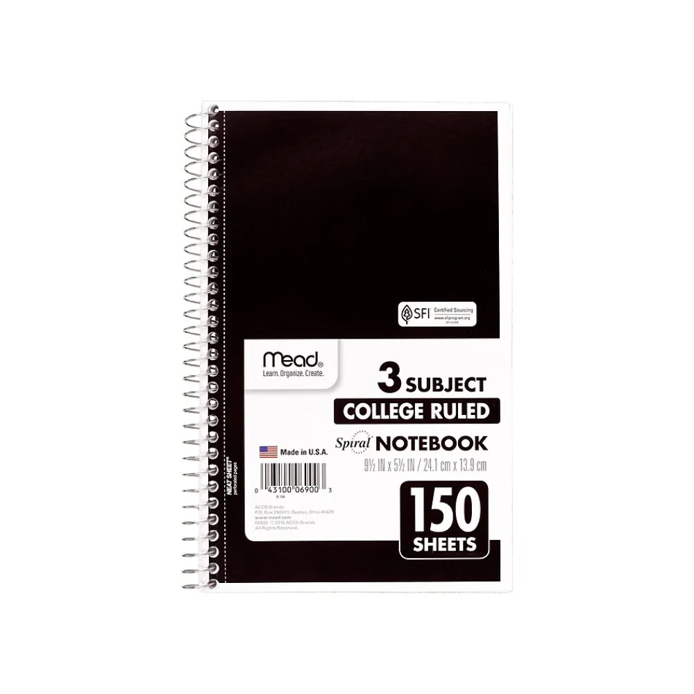 Subject Notebooks|Mead Spiral 3-Subject Notebooks, 5.5" x 9.5", College Ruled, 150 Sheets (06900)