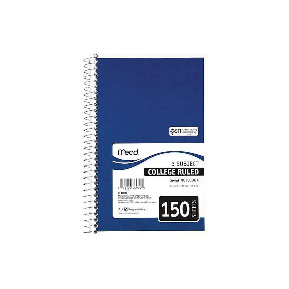 Subject Notebooks|Mead Spiral 3-Subject Notebooks, 5.5" x 9.5", College Ruled, 150 Sheets (06900)