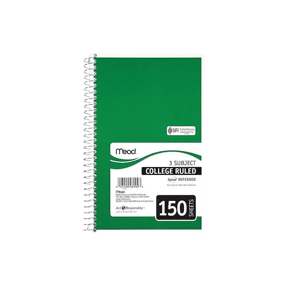 Subject Notebooks|Mead Spiral 3-Subject Notebooks, 5.5" x 9.5", College Ruled, 150 Sheets (06900)
