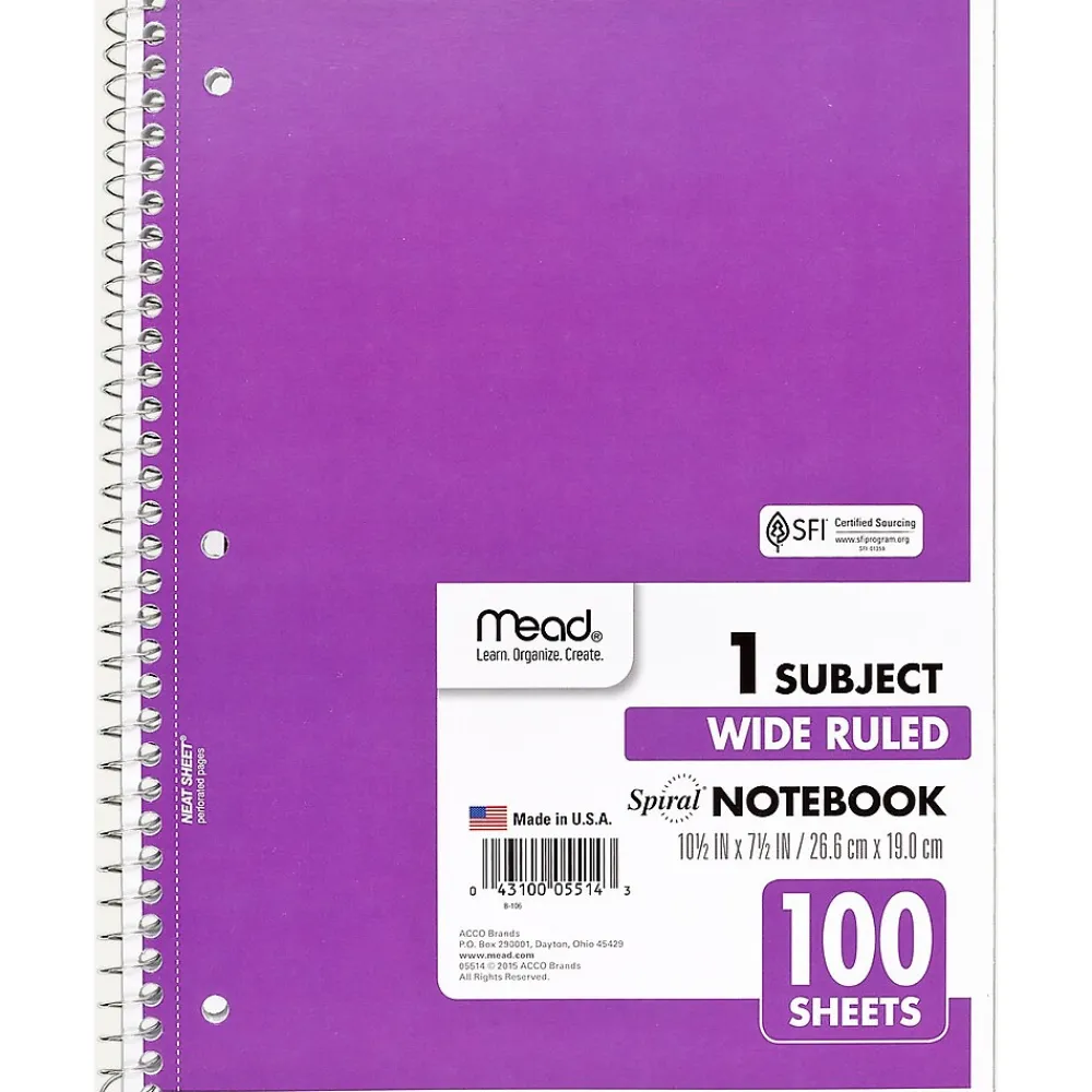 Subject Notebooks|Mead Spiral 1-Subject Notebook, 8" x 10.5", Wide Ruled, 100 Sheets (MEA05514)