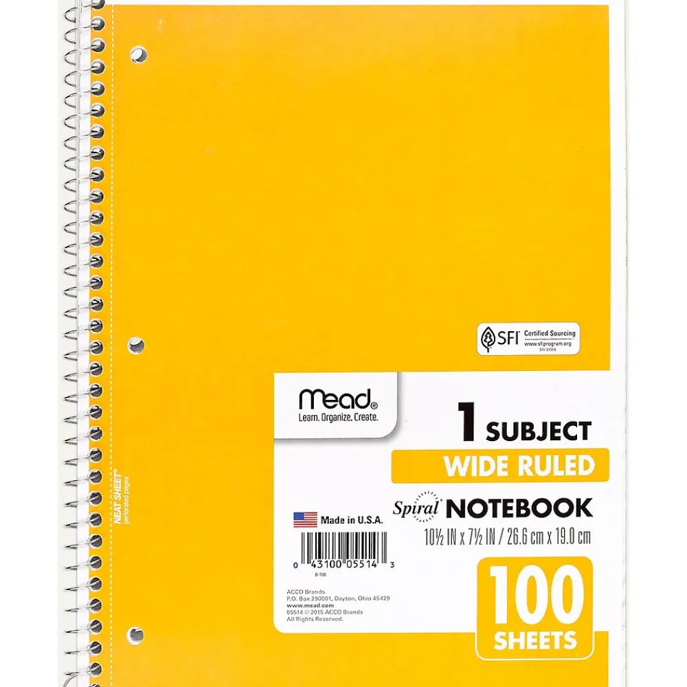 Subject Notebooks|Mead Spiral 1-Subject Notebook, 8" x 10.5", Wide Ruled, 100 Sheets (MEA05514)