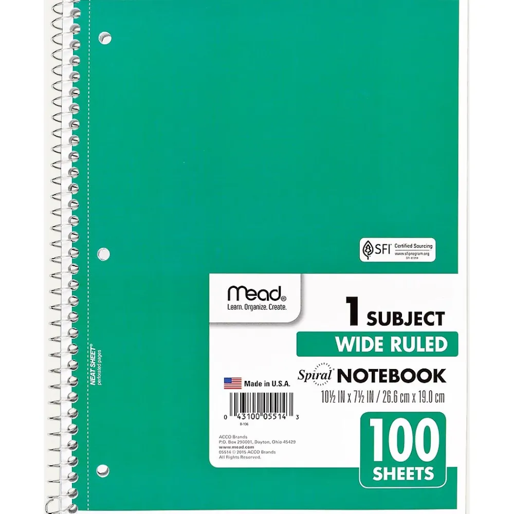 Subject Notebooks|Mead Spiral 1-Subject Notebook, 8" x 10.5", Wide Ruled, 100 Sheets (MEA05514)