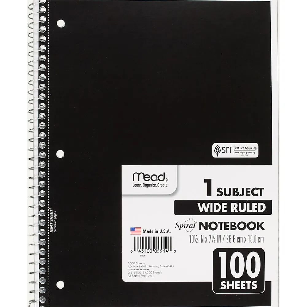 Subject Notebooks|Mead Spiral 1-Subject Notebook, 8" x 10.5", Wide Ruled, 100 Sheets (MEA05514)