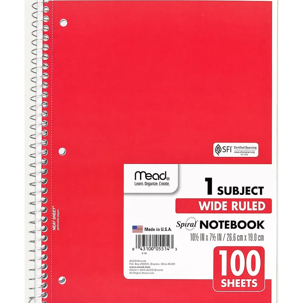 Subject Notebooks|Mead Spiral 1-Subject Notebook, 8" x 10.5", Wide Ruled, 100 Sheets (MEA05514)