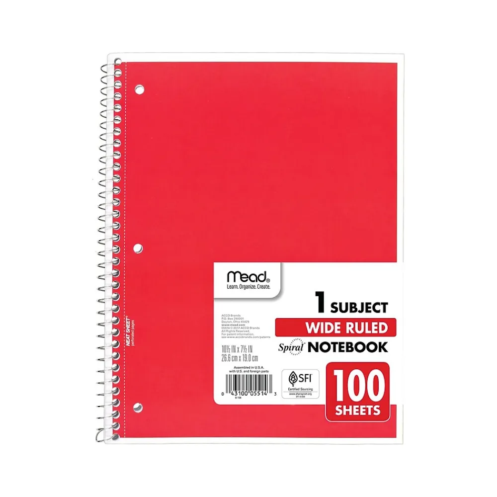 Subject Notebooks|Mead 1-Subject Notebooks, 7.5" x 10.5", Wide-Ruled, 100 Sheets, Assorted Colors, 24/Carton (MEA05514CT)