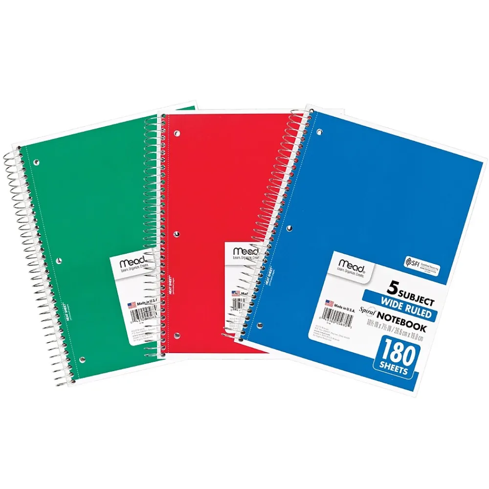 Subject Notebooks|Mead 5-Subject Subject Notebooks, 8" x 10.5", Wide Ruled, 180 Sheets, Assorted Colors, 3/Bundle (MEA05680-3)