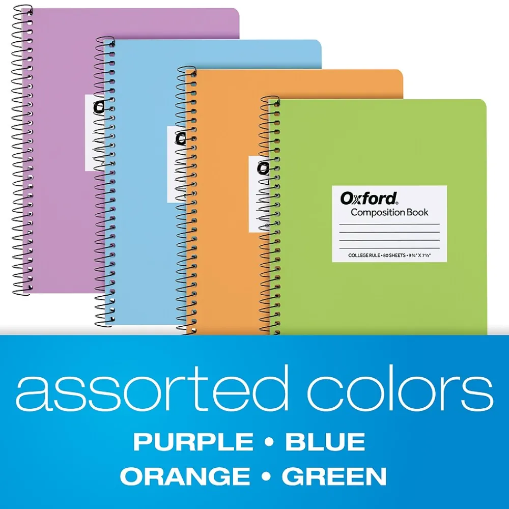 Composition Notebooks|Oxford Composition Notebooks, 7.5" x 9.75", College Ruled, 80 Sheets, Assorted Colors, 4/Pack (64947)