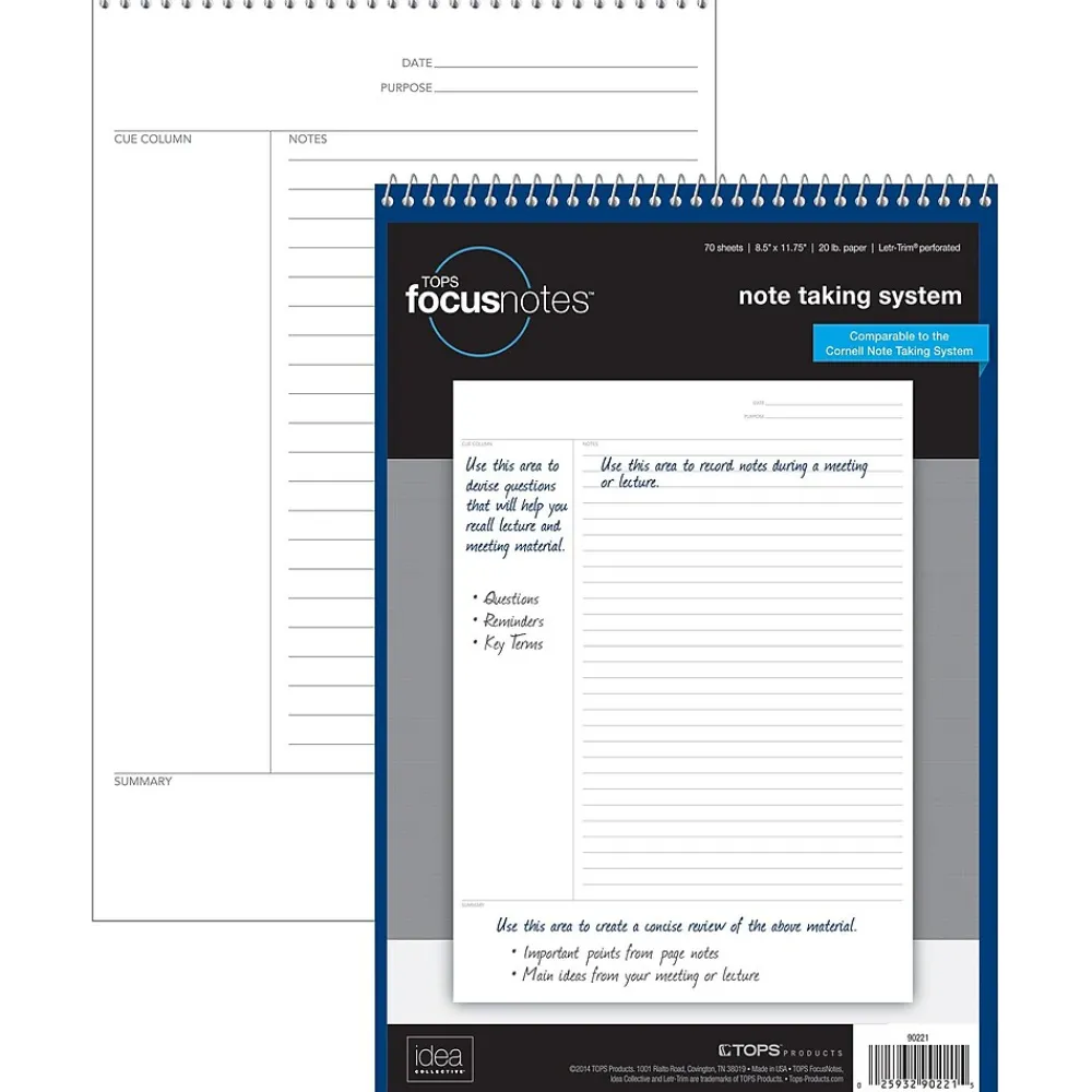 Notepads|Oxford FocusNotes Notepad, 8.5" x 11.75", Cornell Ruled, White, 70 Sheets/Pad (90221)