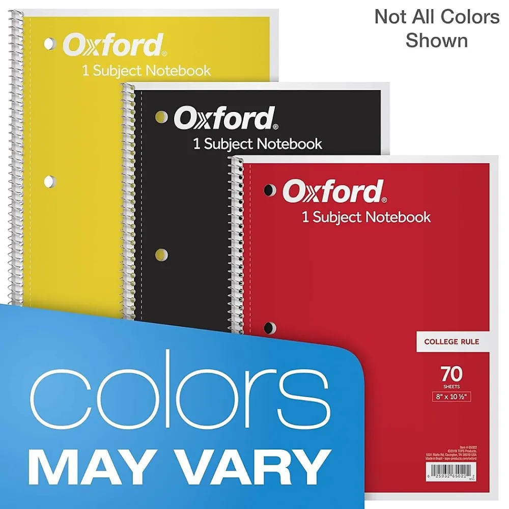 Subject Notebooks|Oxford 1-Subject Notebooks, 8" x 10.5", College Ruled, 70 Sheets, Each (65022)