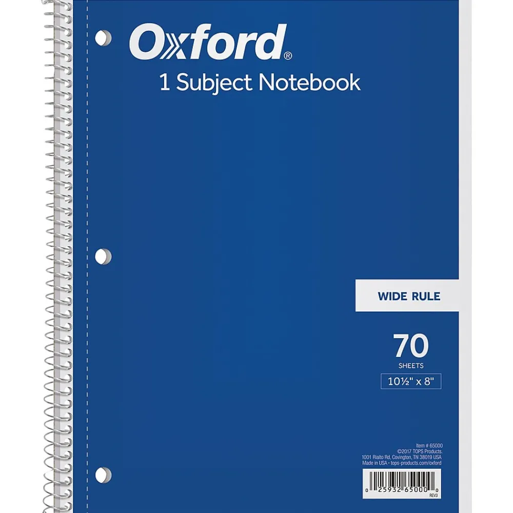 Subject Notebooks|Oxford 1-Subject Notebooks, 8" x 10.5", Wide Ruled, 70 Sheets, Each (65000)