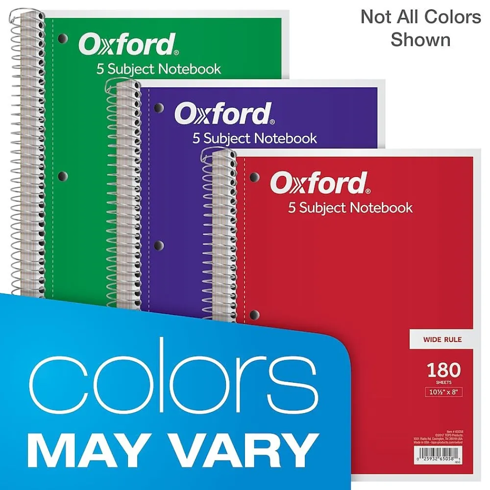 Subject Notebooks|Oxford 5-Subject Subject Notebooks, 8" x 10.5", Wide Ruled, 180 Sheets, Each (65058)